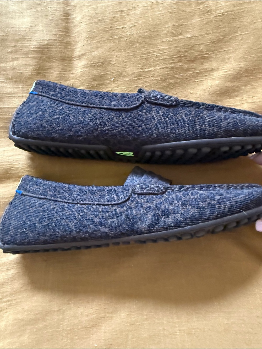 Rothy's Women’s Brown and Navy Leopard PrintKnit Loafers with Neon Green Insoles - Picture 2 of 7